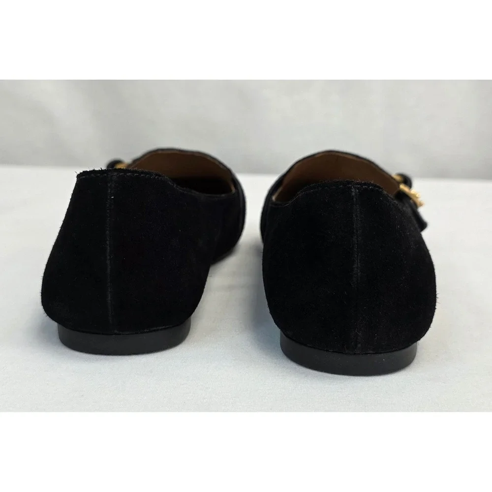 Tory Burch Black Suede Logo Buckle Ballet Flats Gold Hardware Size 7.5